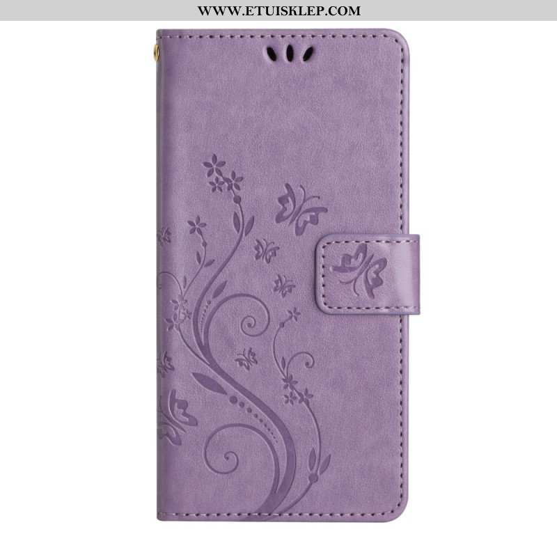 Etui Folio do Samsung Galaxy A54 5G z Łańcuch Kwiaty I Motyle Z Paskiem